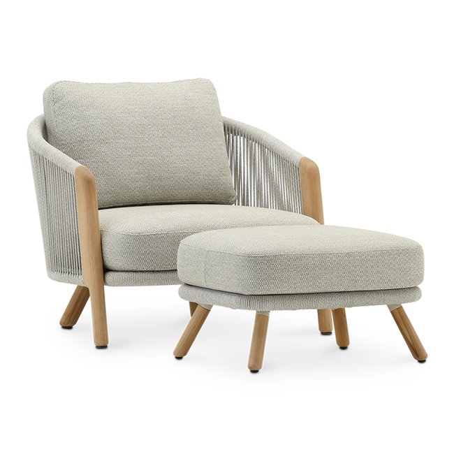 Fauteuil, teck et corde, repose-pied, CAPRI gris, corde sable <span itemprop=