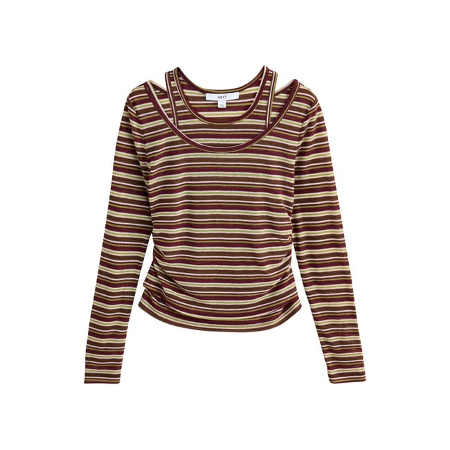 Haut à manches longues effet superposé rayure marron <span itemprop=