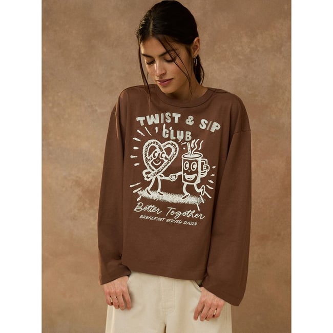 T-shirt décontracté manches longues et motif marron chocolat <span itemprop=