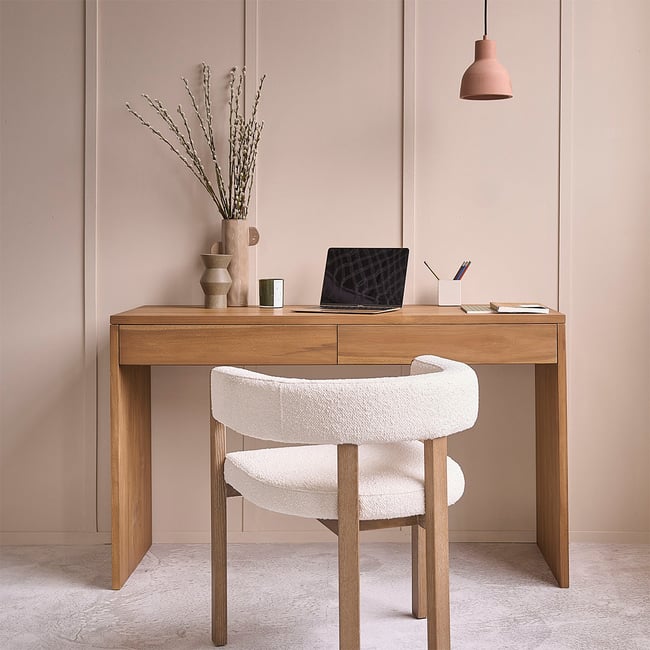 Bureau en bois de teck 130 cm 2 tiroirs  TRISTAN Couleur naturel <span itemprop=