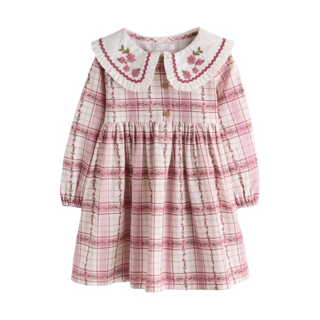 Robe à col et manches longues rose à carreaux <span itemprop=
