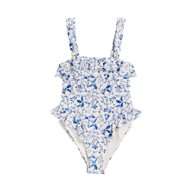 Maillot de bain bandeau ventre plat volants crème/bleu à petits motifs floraux <span itemprop=