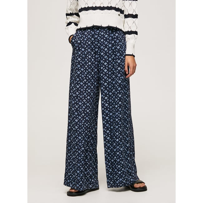 Pantalon large, taille haute imprimé bleu <span itemprop=