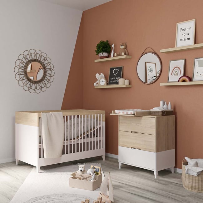 Mini Chambre bébé DIXIE blanc et bois <span itemprop=