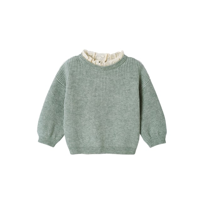 Pull bébé en côte perlée col en broderie anglaise vert sauge <span itemprop=