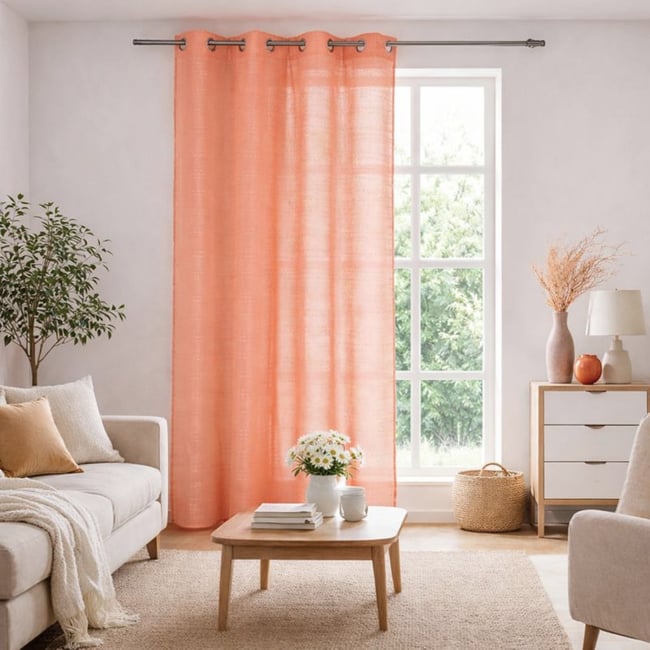 Voilage rayures brodées en pointillées orange corail <span itemprop=