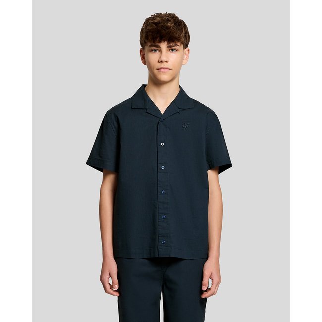 Chemise manches courtes en mélange de lin bleu foncé marine <span itemprop=