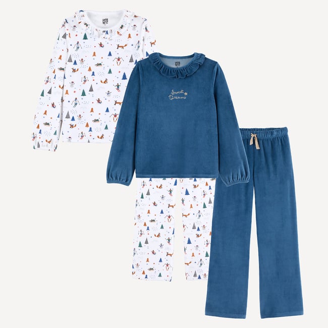 Lot de 2 pyjamas, velours, col volanté, 1 uni avec broderie et 1 imprimé assortis <span itemprop=