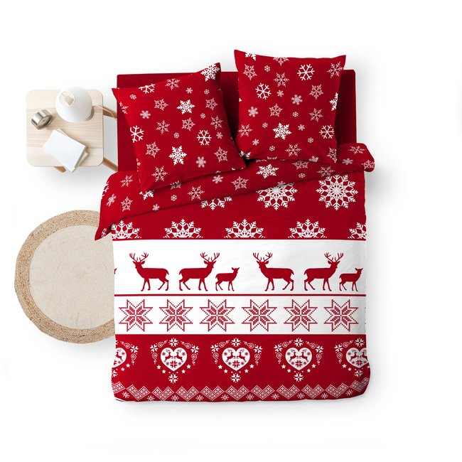 Housse couette + 2 taies flanelle microfibre Floconnette rouge <span itemprop=