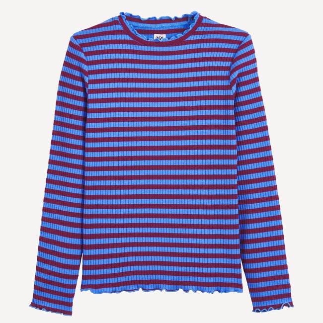 T-shirt rayé, à col volanté et manches longues, en côtes bordeaux/bleu <span itemprop=