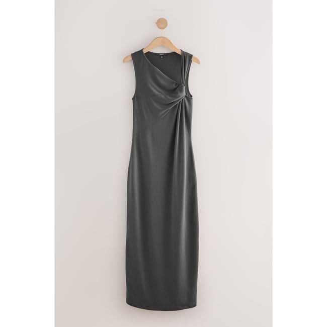 Robe longue soyeuse avec torsade gris anthracite <span itemprop=