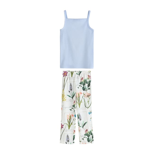 Débardeur côtelé pour la nuit bleu motif fleurs <span itemprop=