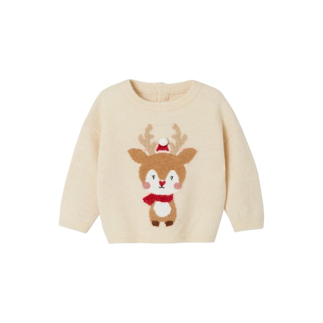 Pull de Noël renne détails brillants bébé beige poudré <span itemprop=