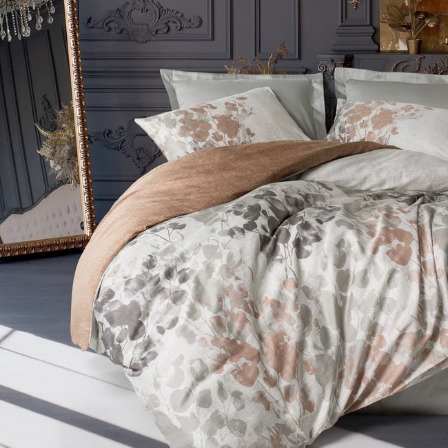 Parure housse de couette satin de coton feuillages, Blatt beige <span itemprop=