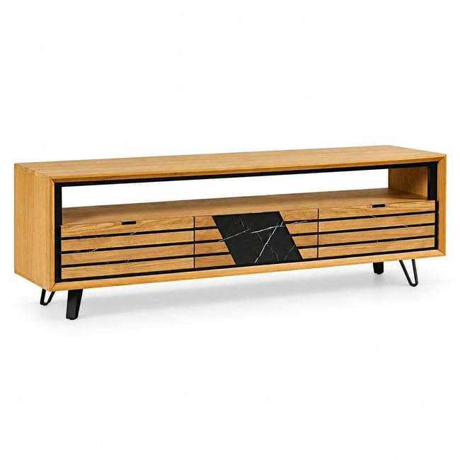 Meuble tv design en bois de chêne finition miel, 3 tiroirs ESSEN Couleur chêne miel <span itemprop=