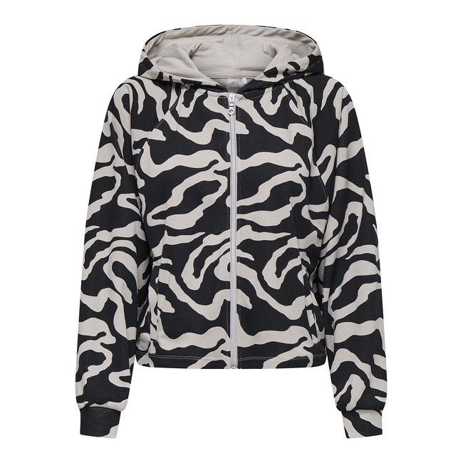 Sudadera con capucha y cremallera, estampado gráfico negro/beige <span itemprop=