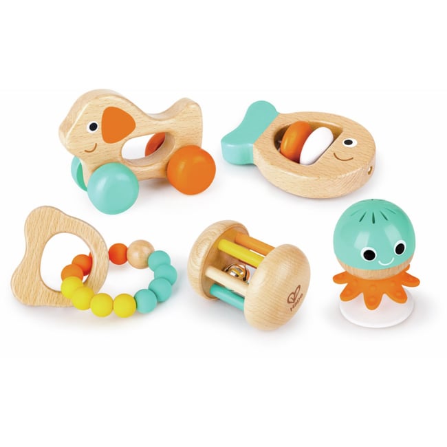 Coffret sensoriel hochets multi-âge beige, vert d'eau, orange <span itemprop=
