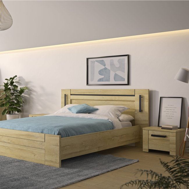Lit led sensitive avec ses 2 chevets Couleur bois clair <span itemprop=