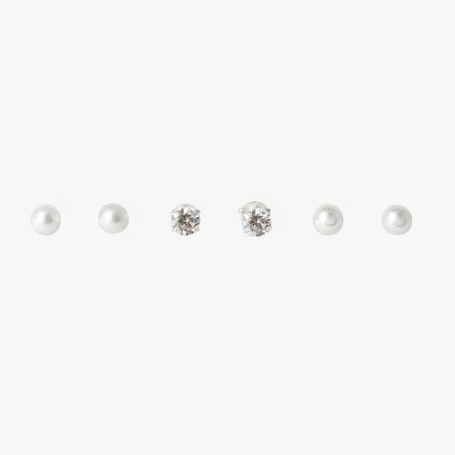 Set 3 paires de puces d'oreilles boules perle et zircon - argent 925 argenté <span itemprop=