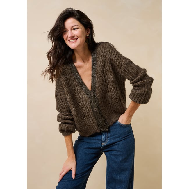 Gilet manches longues ample col V détail irisé vert lichen <span itemprop=