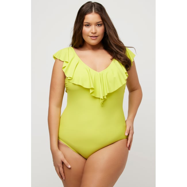 Maillot de bain une pièce à volant jaune fluo <span itemprop=