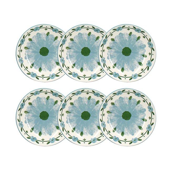 Lot de 6 assiettes creuses 20cm en porcelaine, PRIMAVERA Couleur blanc et bleu <span itemprop=
