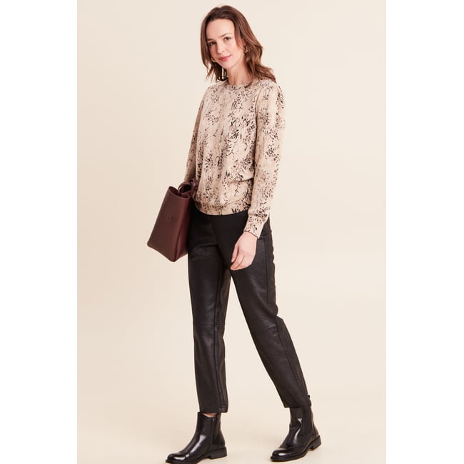 T-shirt court col rond manches longues beige <span itemprop=