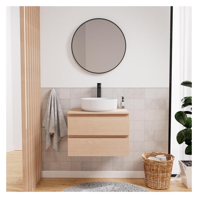 Ensemble meuble simple vasque 60 cm + vasque + robinet + miroir SORRENTO Couleur chêne <span itemprop=