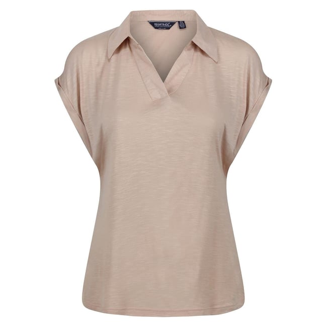 Polo manches courtes à col V motif/style uni beige <span itemprop=