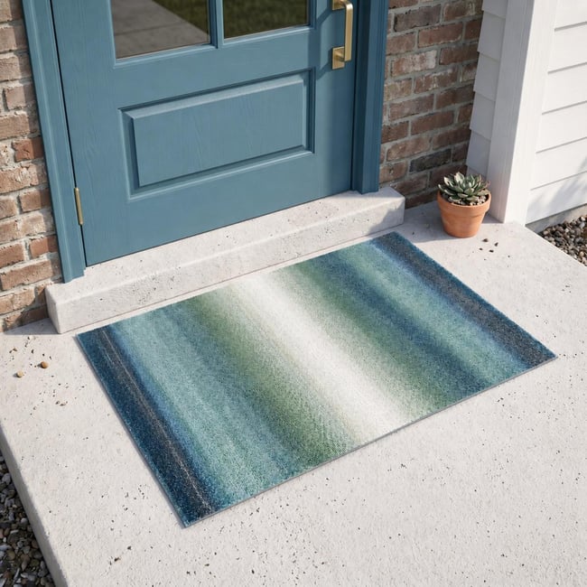 Tapis entrée tissé motif géométrique BRADO Couleur bleu, bleu clair, crème <span itemprop=