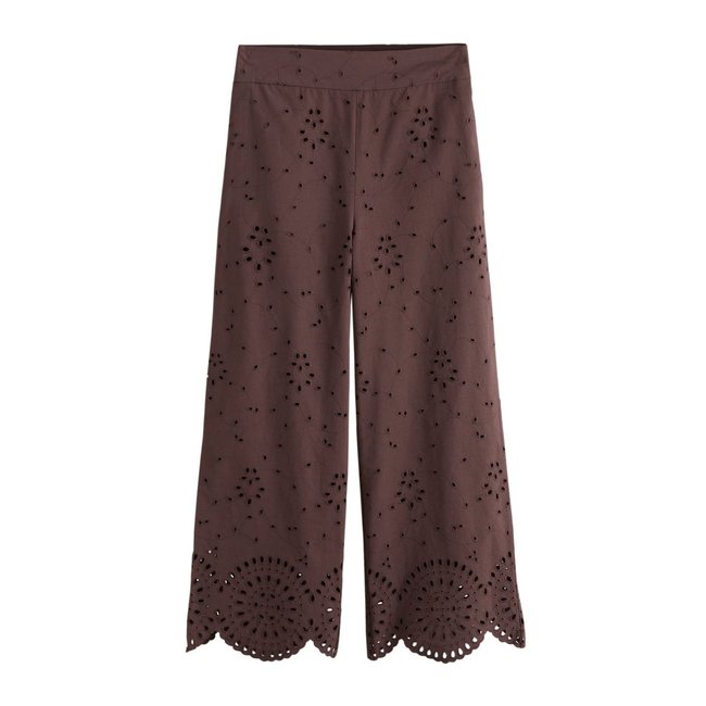 Pantalon large court avec broderie marron chocolat <span itemprop=