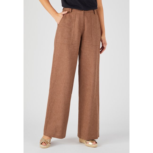 Pantalon large mélange lin et coton marron <span itemprop=