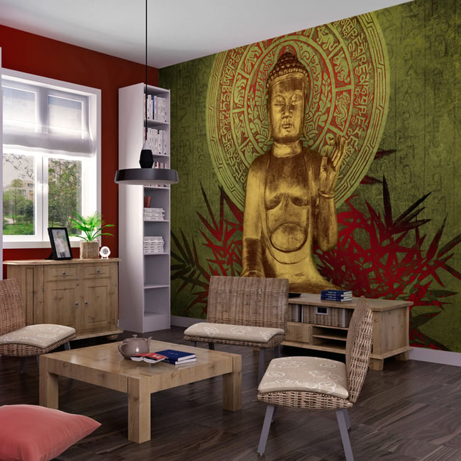 Papier peint intissé panoramique Orient Le Bouddha d'or Couleur vert <span itemprop=
