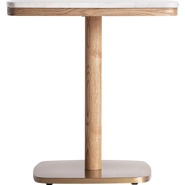 Table de bar art déco en terrazzo Couleur blanc terrazzo, chêne beige et acier doré <span itemprop=