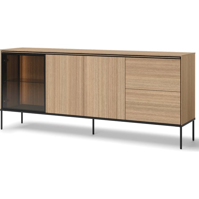 Buffet 3 portes vitrine éclairage LED Couleur chêne linéaire et noir <span itemprop=