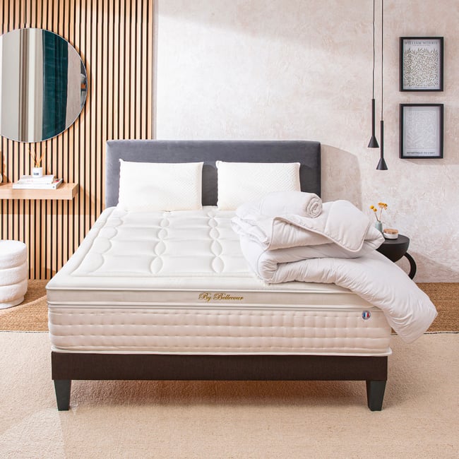 Pack prêt à dormir Empereur - Matelas + Sommier + Couette, oreillers, protège-matelas - 33 cm d'épaisseur Couleur blanc <span itemprop=