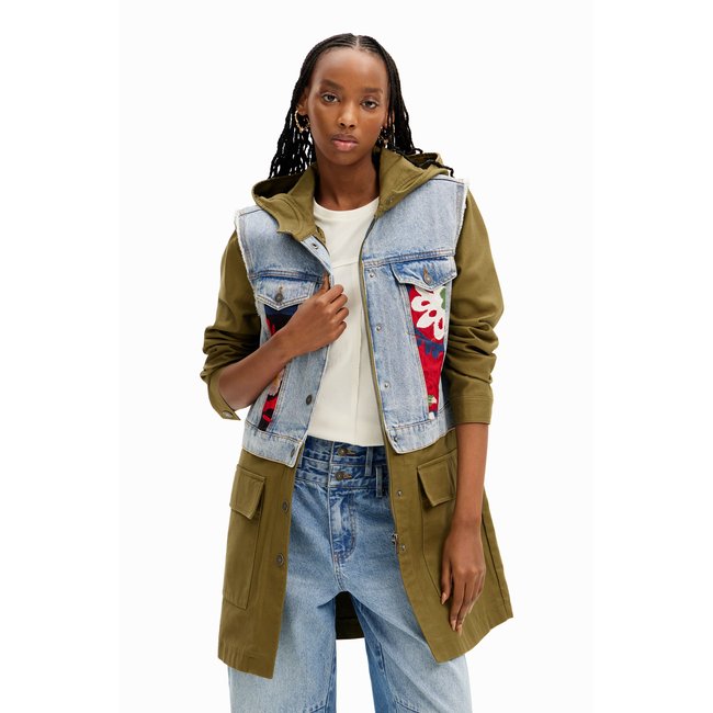 Parka hybride broderies 2 en 1 vert <span itemprop=