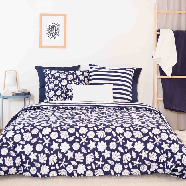 Parure housse de couette en coton imprimée, Capri bleu marine <span itemprop=