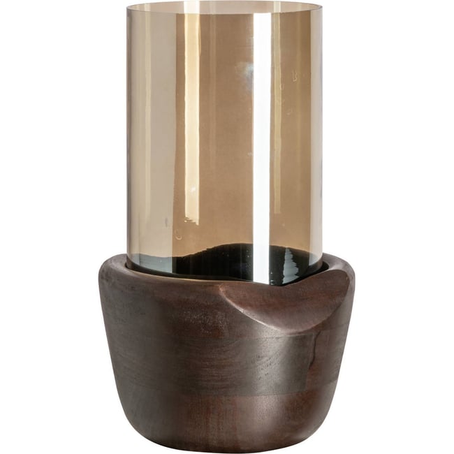 Photophore en verre et noyer Couleur noyer et verre ambré <span itemprop=