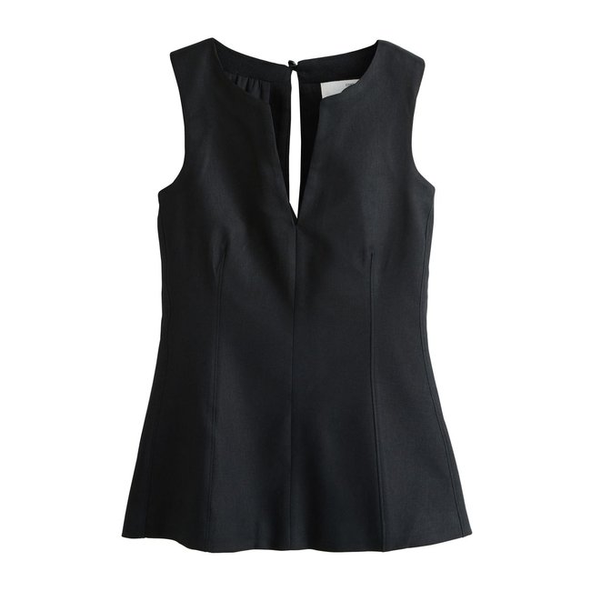 Top tailleur à basque en lin mélangé noir <span itemprop=