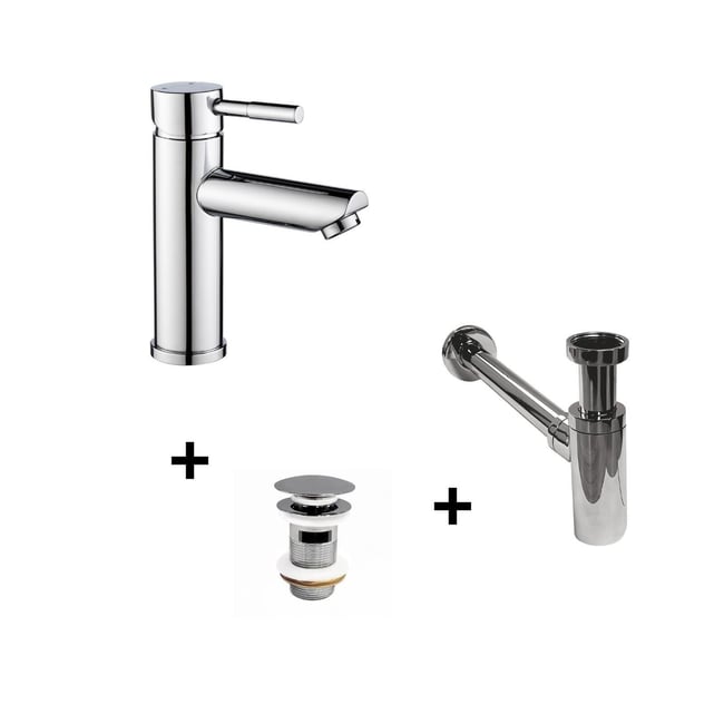 Robinet bec bas + bonde CLINT + siphon SIMON v002229 <span itemprop=