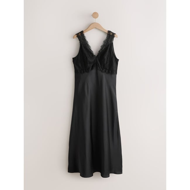 Robe mi-longue en satin à col v dentelle noir <span itemprop=