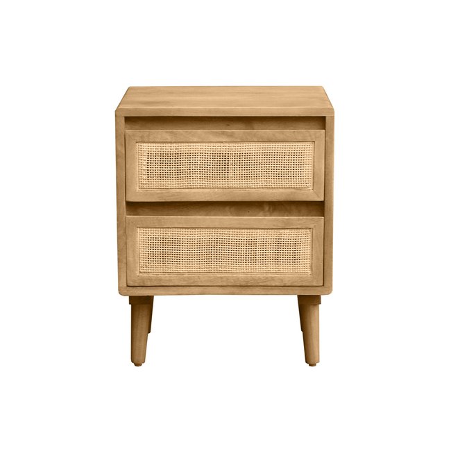 Table de chevet en bois manguier massif et cannage rotin avec rangements 2 tiroirs ACANGE Couleur chêne clair <span itemprop=