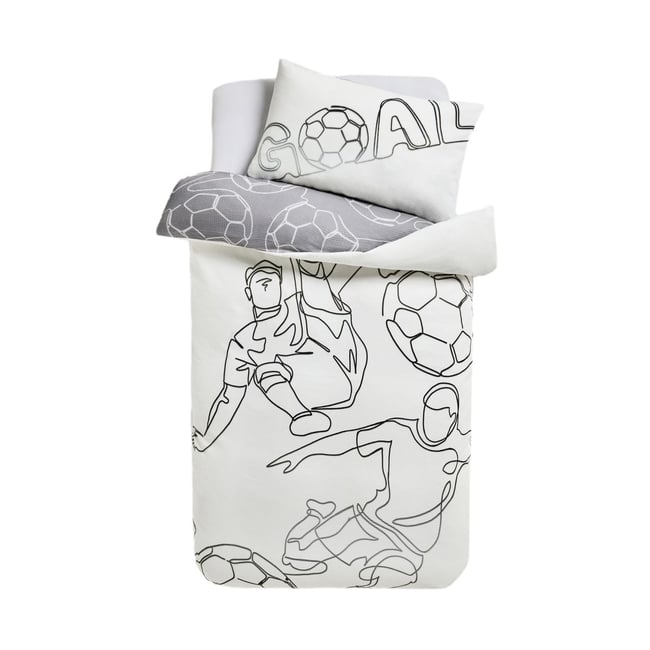 Housse de couette et taie d’oreiller en coton mono football <span itemprop=
