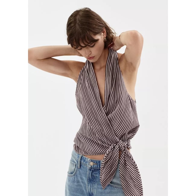 Blouse croisée à rayures et nœud grenat <span itemprop=
