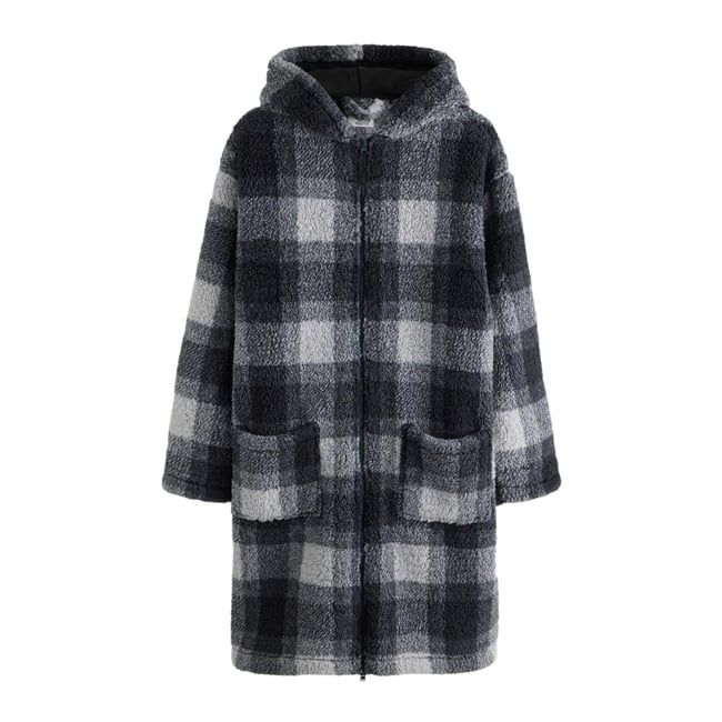 Robe de chambre zippé en peau lainée chèque monochrome <span itemprop=
