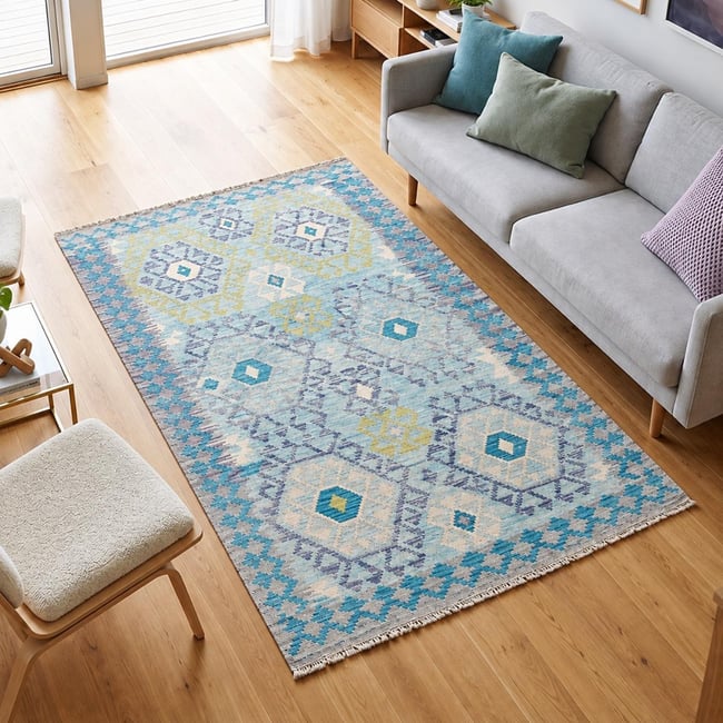 Tapis d'orient géométrique, tissé plat en laine, KILIM 14 Couleur bleu, gris, vert <span itemprop=
