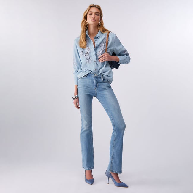 Jean évasé à taille haute denim <span itemprop=