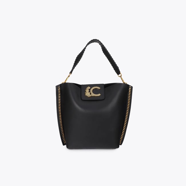 Cabas avec chaîne à logo métallique léopard noir <span itemprop=