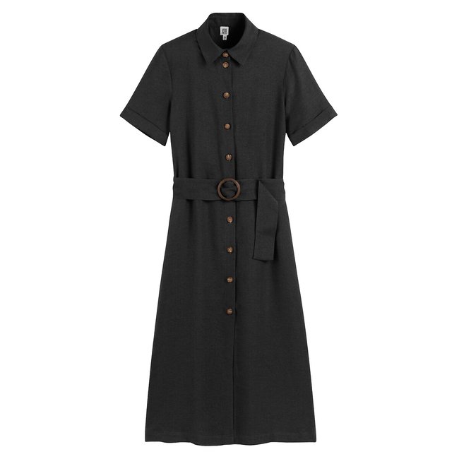 Robe-chemise mélange lyocell lin Signature OPHELIE  noir <span itemprop=